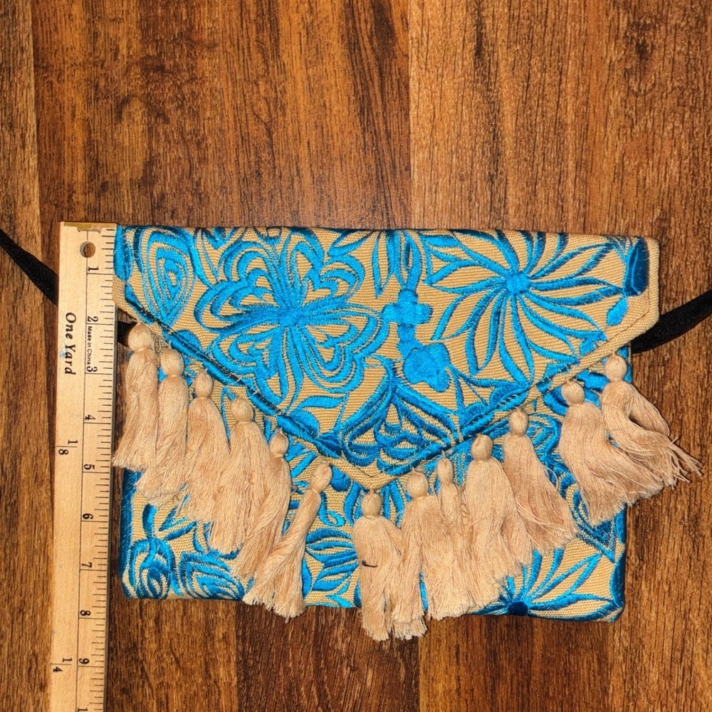 Boho Embroidered Floral Tassel Crossbody Bag Blue Tan Envelope Clutch Small